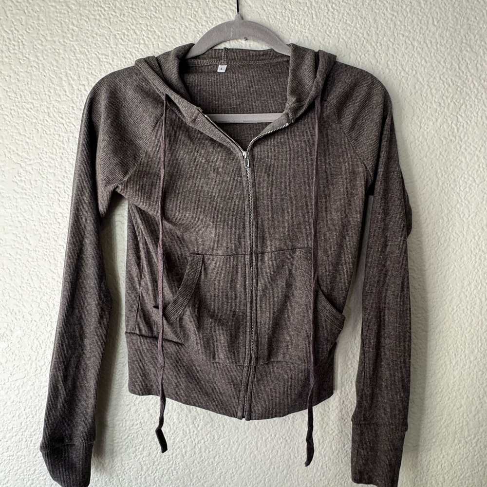Gray Ribbed Zip Up Hoodie Cropped Athletic Jacket Size M/L